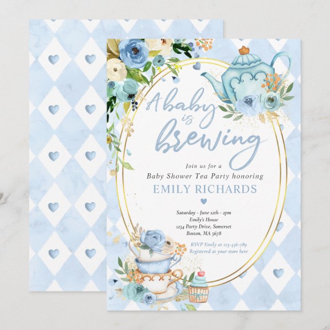 A Baby Is Brewing Tea Party Baby Shower Blue Roses Invitation (Front/Back)