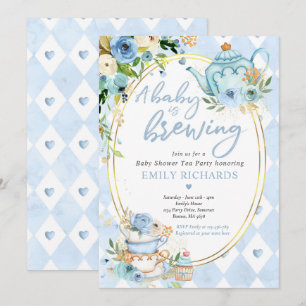 A Baby Is Brewing Tea Party Baby Shower Blue Roses Invitation