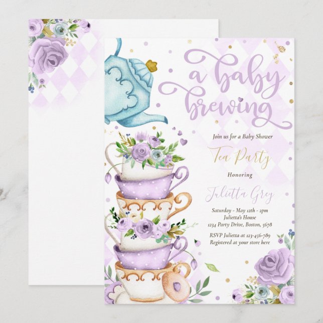 A Baby Is Brewing Tea Party Baby Shower Lilac Rose Invitation (Front/Back)