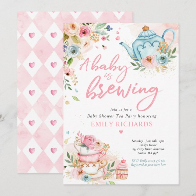 A Baby Is Brewing Tea Party Baby Shower Pink Roses Invitation (Front/Back)