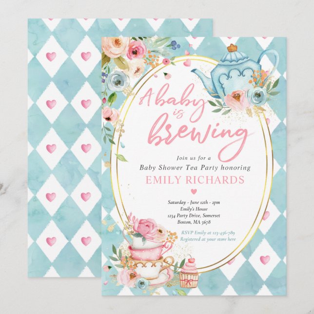 A Baby Is Brewing Tea Party Baby Shower Pink Roses Invitation (Front/Back)