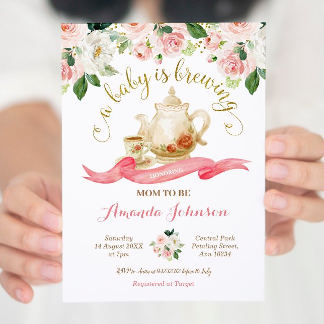A Baby is Brewing Tea Party Baby Shower Pink Roses Invitation (Creator Uploaded)