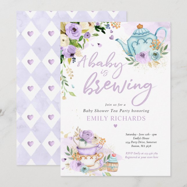 A Baby Is Brewing Tea Party Baby Shower Purple Invitation (Front/Back)