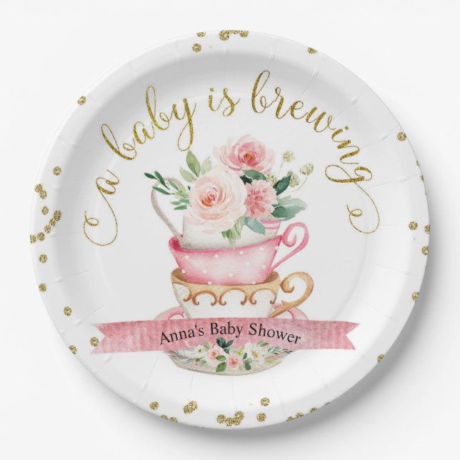 A Baby is Brewing Tea Party Shower Paper Plate (Front)