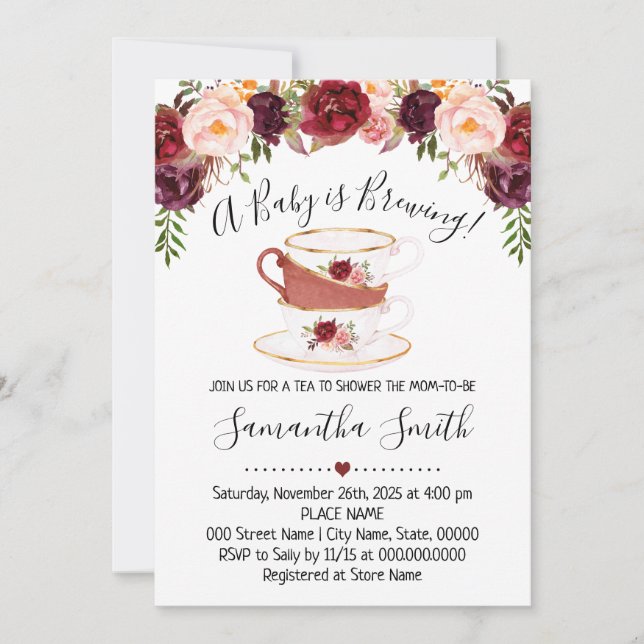 A Baby is brewing tea shower marsala invitation (Front)