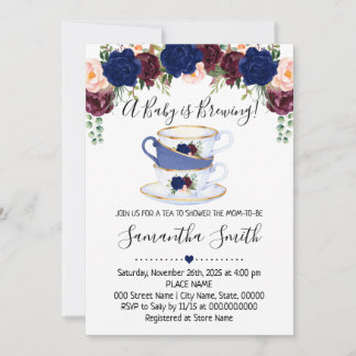A Baby is brewing tea shower navy invitation