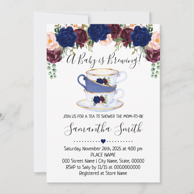 A Baby is brewing tea shower navy invitation (Front)