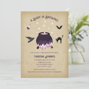 A Baby Is Brewing   Vintage Halloween Baby Shower  Invitation