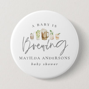 A baby is brewing watercolour beer baby shower 7.5 cm round badge