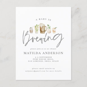 A baby is brewing watercolour beer baby shower ann holiday postcard