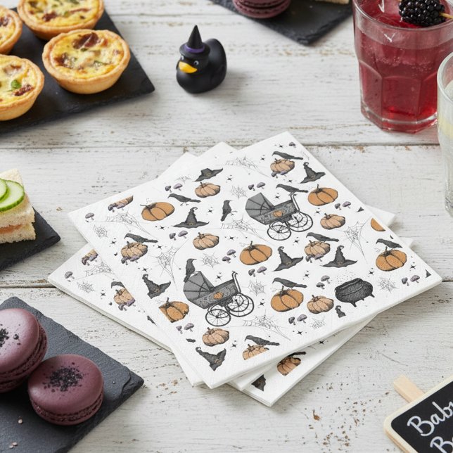 A Baby is Brewing White Victorian Baby Carriage Napkin (White Gothic Halloween Baby Shower Paper Napkins. Vintage Baby Carriage, Black Raven, Pumpkin & Web)