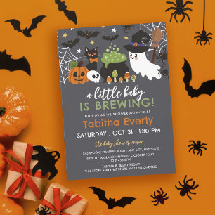 A Baby Is Brewing Witch Ghost Cauldron Halloween Invitation
