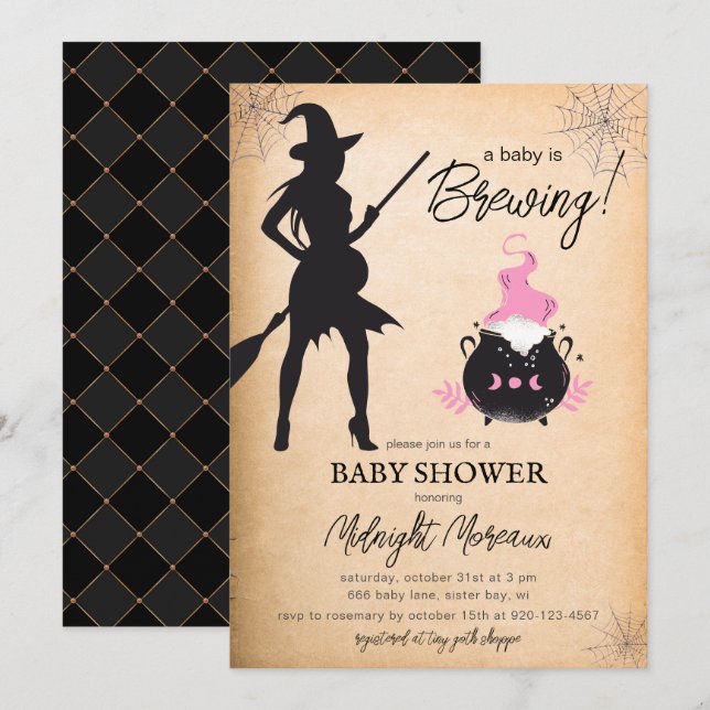 A Baby Is Brewing Witch Halloween Baby Shower Invitation (Front/Back)