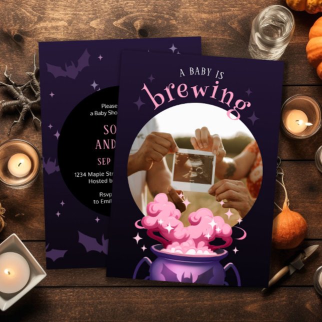 A Baby is Brewing Witch Pot Photo Baby Shower Invitation (Creator Uploaded)