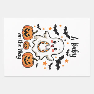 A Baby on the Way Pastel Ghost Pregnancy Halloween Wrapping Paper Sheet
