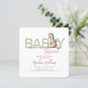 A baby shower invitation  with an adorable dragon.