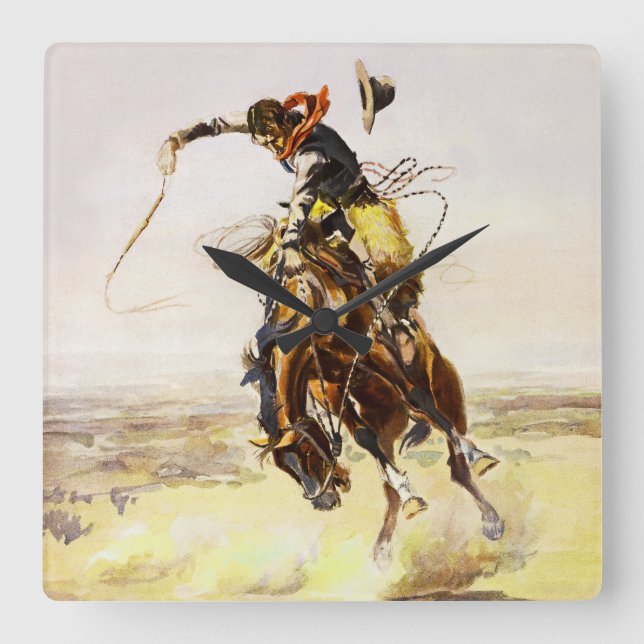“A Bad Hoss” by Charles M Russell Square Wall Clock (Front)