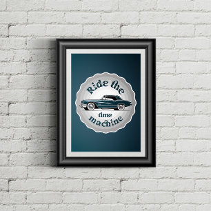 A badge styled graphic with vintage car inside. poster