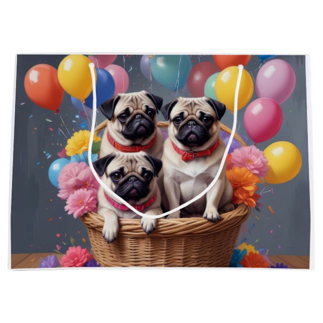 A Basket Full of Pugs and Balloons Large Gift Bag (Front)