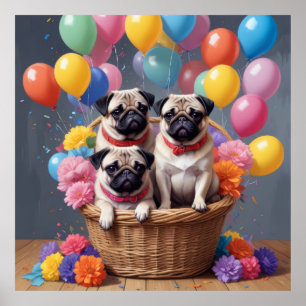 A Basket Full of Pugs and Balloons Poster