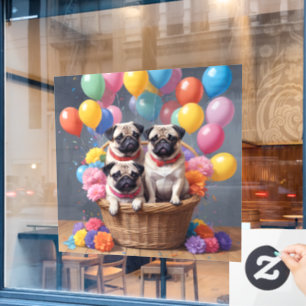 A Basket Full of Pugs and Balloons Window Cling