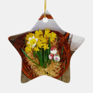 A Basket of Yellow Daffodils and floral Easter Egg Ceramic Tree Decoration