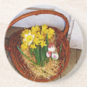 A Basket of Yellow Daffodils and floral Easter Egg Coaster