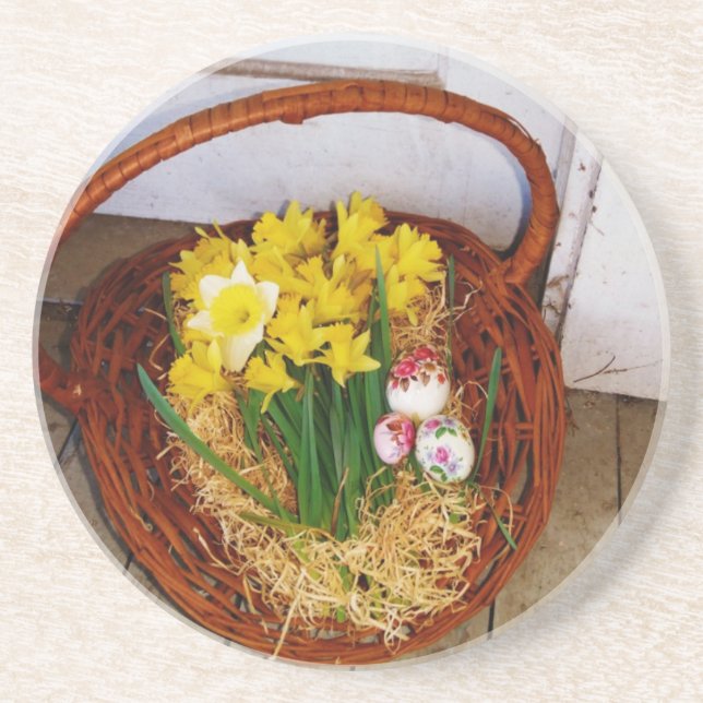 A Basket of Yellow Daffodils and floral Easter Egg Coaster (Front)