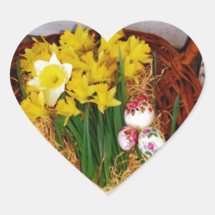 A Basket of Yellow Daffodils and floral Easter Egg Heart Sticker