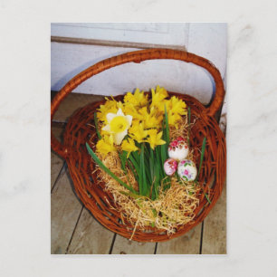 A Basket of Yellow Daffodils and floral Easter Egg Holiday Postcard