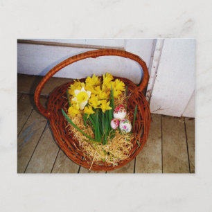 A Basket of Yellow Daffodils and floral Easter Egg Holiday Postcard