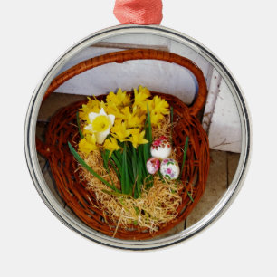 A Basket of Yellow Daffodils and floral Easter Egg Metal Tree Decoration