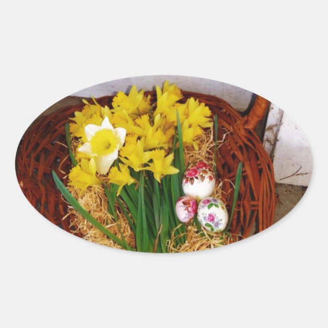 A Basket of Yellow Daffodils and floral Easter Egg Oval Sticker (Front)
