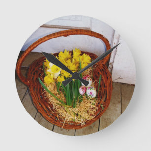 A Basket of Yellow Daffodils and floral Easter Egg Round Clock