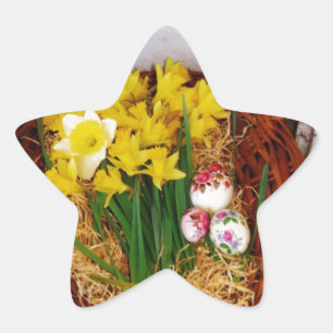 A Basket of Yellow Daffodils and floral Easter Egg Star Sticker