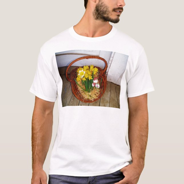 A Basket of Yellow Daffodils and floral Easter Egg T-Shirt (Front)