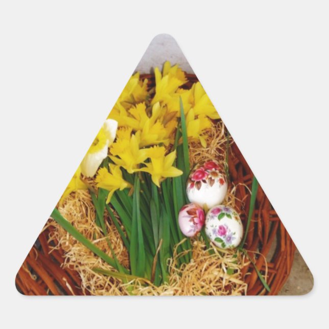 A Basket of Yellow Daffodils and floral Easter Egg Triangle Sticker (Front)
