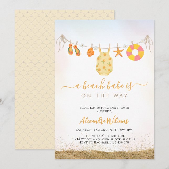 A beach babe is on the way Baby shower  Invitation (Front/Back)