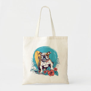 A beach loving bulldog catching some waves tote bag