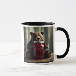 A bear sitting in front of a jar of jam. mug
