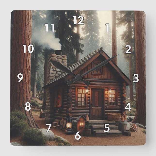 A Beautiful Antique Log Cabin in the Woods Square Wall Clock (Front)