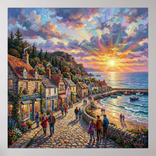 A Beautiful Beach Village Boardwalk at Sunset Poster