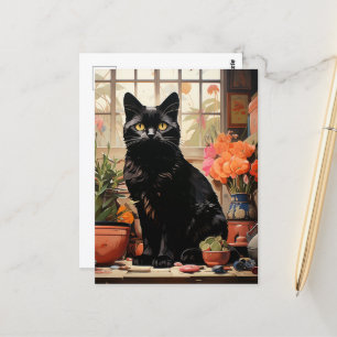 A Beautiful Black Cat in the Houseplants  Postcard