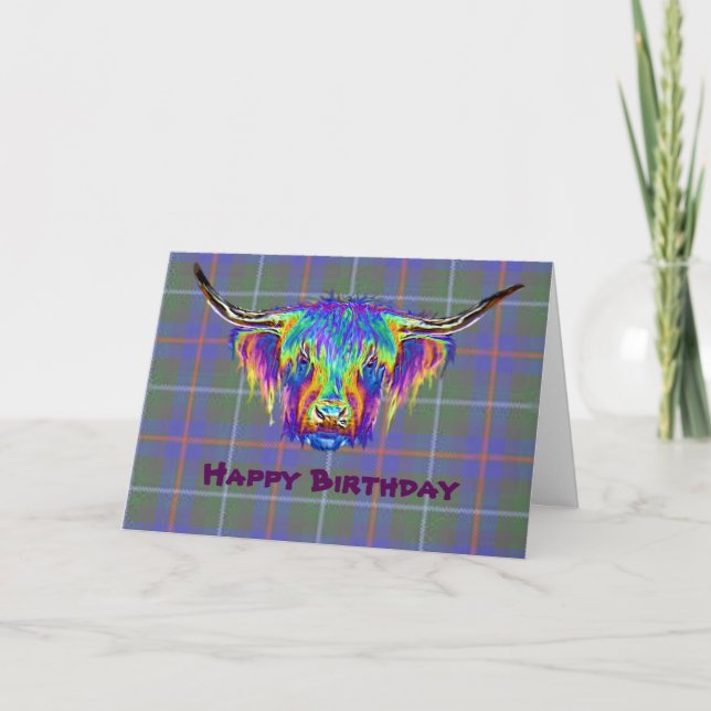 A beautiful colourful highland cow on tartan. card (Front)