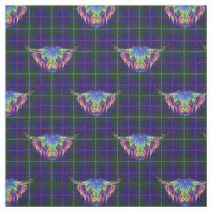 A beautiful colourful highland cow on tartan. fabric