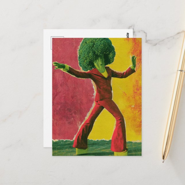 A beautiful colourful retro dancing broccoli  postcard (Front/Back In Situ)