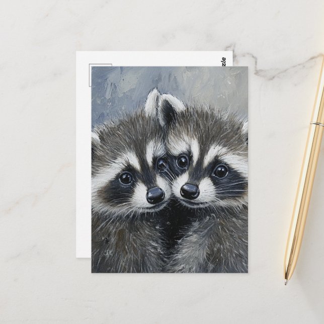 A Beautiful Cute Pair of Raccoon Babies Postcard (Front/Back In Situ)