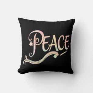 A beautiful, flowing script of the word "Peace" fe Cushion