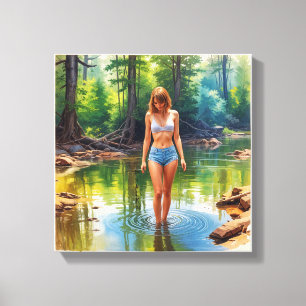 A Beautiful Girl in pond oil colour Painting Canvas Print
