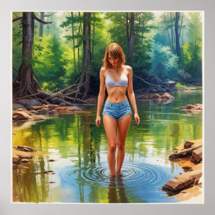 A Beautiful Girl in pond oil colour Painting Poster